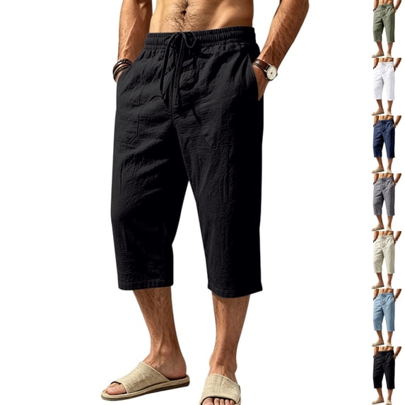 GrmtClth Capri Pants for Men Linen Loose Fit Elastic Waist Wide Leg Baggy Harem Pants Black L