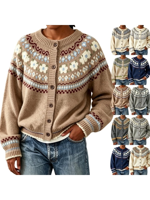 Cardigan Sweater Women Open Fornt Button Down Icelandic Sweater Fall Winter Vintage Embroidered Knit Coat Top L