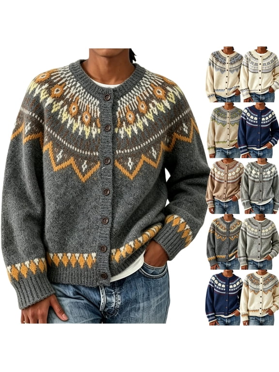 Cardigan Sweater Women Open Fornt Button Down Icelandic Sweater Fall Winter Vintage Embroidered Knit Coat Top M