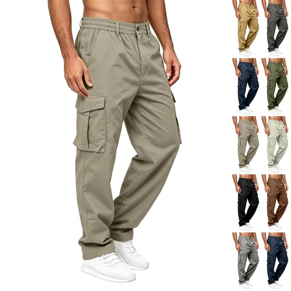 GrmtClth Cargo Pants for Men Outdoor Hiking Casual Pants Lightweight | Multi Pockets Relax Fit Elastic Waist Pant Work Fishing Athletic Sport Joggers Trouser Beige M