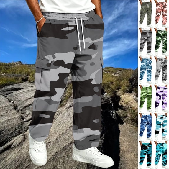 GrmtClth Cargo Pants for Men All Over Camo Pattern Loose Baggy Cut Multi Storage Pockets Stretch Pull On Daily Street Trousers Gray 4XL