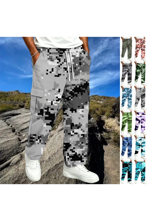 Cargo Pants for Men All Over Camo Pattern Loose Baggy Cut Multi Storage Pockets Stretch Pull On Daily Street Trousers White 4XL