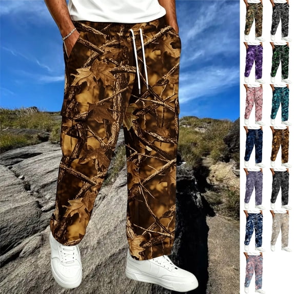 GrmtClth Cargo Pants for Men All Over Tree Camo Pattern Baggy Wide Leg Lightweight Daily Walking Casual Pants Earthy Yellow 4XL