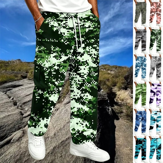 GrmtClth Cargo Pants for Men Camo Print Relaxed Straight Leg Elastic Drawstring Waist Multi Side Pocket Outdoor Hiking Daily Trousers Green L