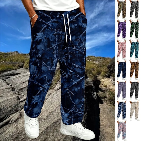 GrmtClth Cargo Pants for Men Retro Tree Camo Print Baggy Wide Leg Stretch Drawstring Waist Outdoor Casual Pants Navy S