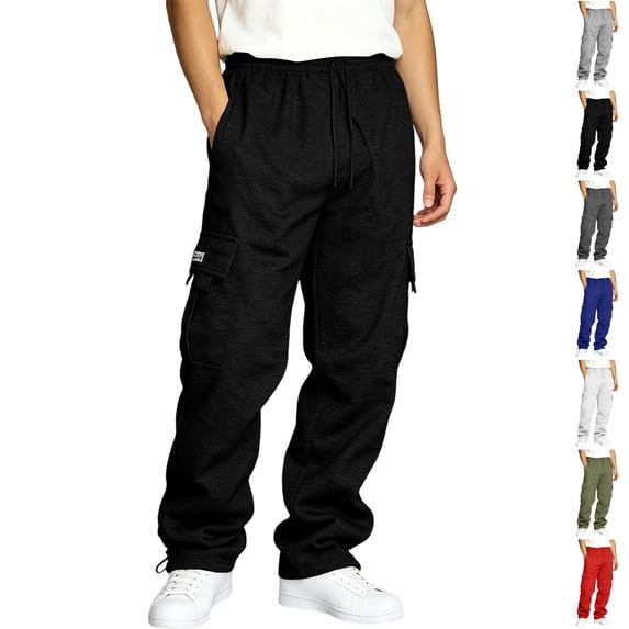 GrmtClth Cargo Pants for Men Wide Leg Joggers Pants Heavyweight Fleece Workout Jogging Loose Fit Trousers with Pockets Black S
