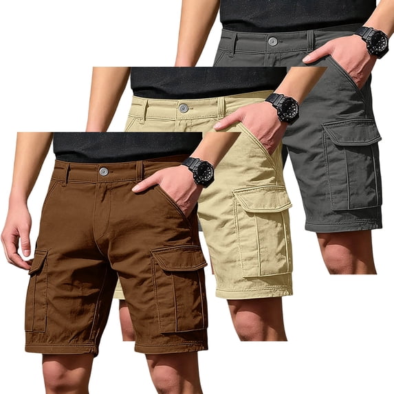 GrmtClth Cargo Shorts For Men 3 Pack Soft Comfort Wrinkle Resistant Travel Shorts Large Side Utility Pockets Zipper Fly Three Solid Color Bundle Gardening Pants Brown S