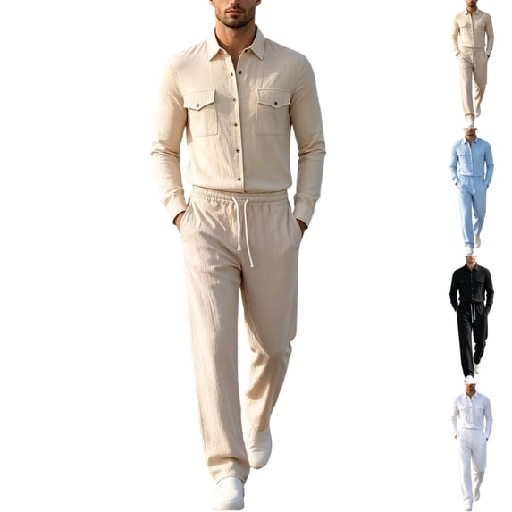 GrmtClth Casual 2 Piece Matching Sets For Men Linen Blend Chest Pocket Button Down Shirt Adjustable Drawstring Straight Pants Solid Tone All Season Beach Travel Suit Khaki 3XL