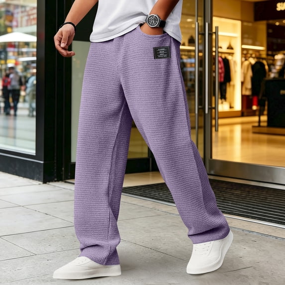 GrmtClth Casual Pants For Men, Oversized Comfort Waffle Loungewear, Wide Leg Label Elastic Waist Drawstring Bottoms, Skin-Friendly Commute Trousers Light Purple L