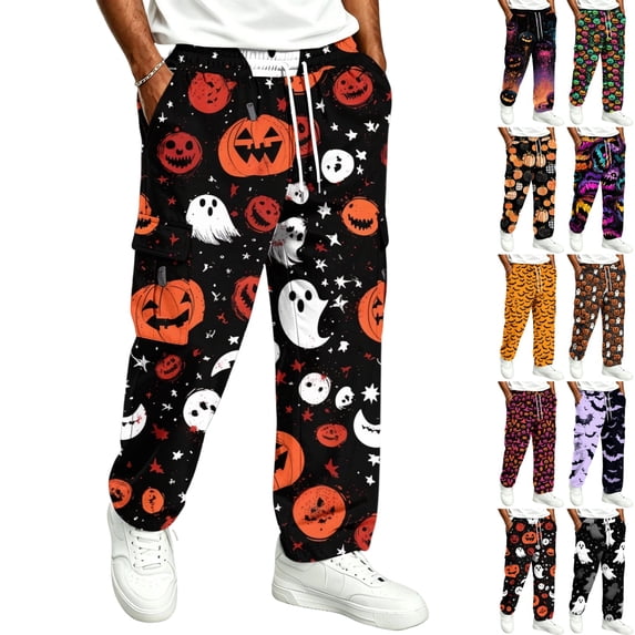 GrmtClth Casual Pants For Men Plus Size Halloween Theme Printed Cuffed Jogger Sweatpants Elastic Ankle Cuffs Multi Storage Pockets Outdoor Holiday Wear Gray S