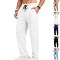 thumbnail image 1 of GrmtClth Casual Pants for Men Drawstring Elastic Waist Lightweight Linen Pants Loose Fit Straight Legs Beach Trousers with Pockets White S, 1 of 9