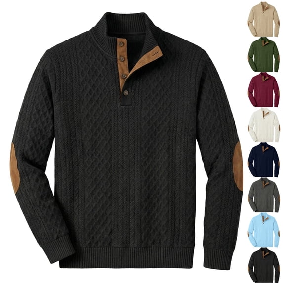 GrmtClth Casual Pullover Sweater for Men Long Sleeve Cable Knit Sweatshirts Stand Collar Button Up Thermal Pullover with Elbow Patches Black M