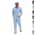 thumbnail image 1 of GrmtClth Casual Summer 2 Piece Matching Sets For Men Linen Blend Long Sleeve Button Shirt Adjustable Drawstring Straight Pants Solid Tone Seaside Daily Vacation Suit Light Blue 3XL, 1 of 6