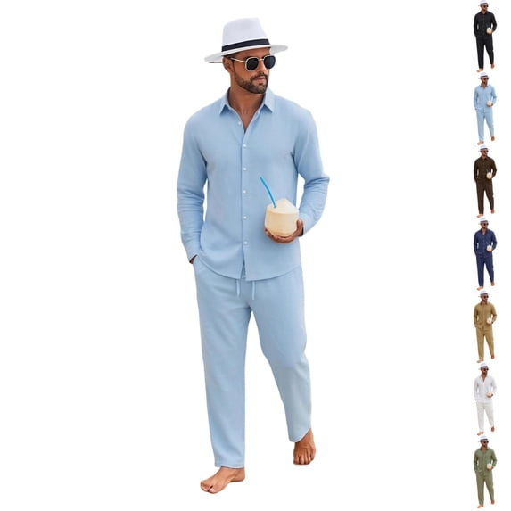 GrmtClth Casual Summer 2 Piece Matching Sets For Men Linen Blend Long Sleeve Button Shirt Adjustable Drawstring Straight Pants Solid Tone Seaside Daily Vacation Suit Light Blue 3XL