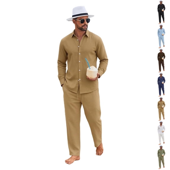 GrmtClth Casual Summer 2 Piece Matching Sets For Men Linen Blend Long Sleeve Button Shirt Adjustable Drawstring Straight Pants Solid Tone Seaside Daily Vacation Suit Khaki 3XL