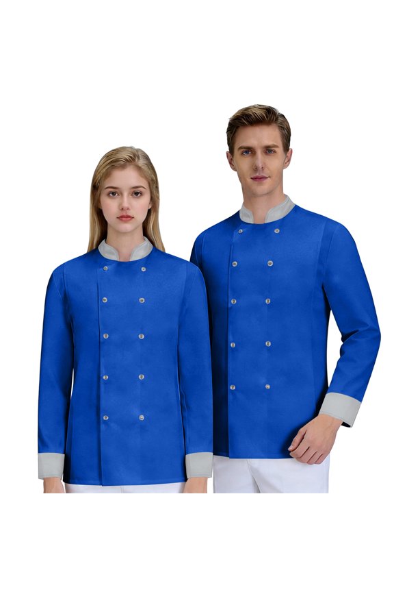 Chef Coat Men Double-Breasted Bakery Cook Jacket Long Sleeve Comfy Soft Work Uniform Blue 3XL