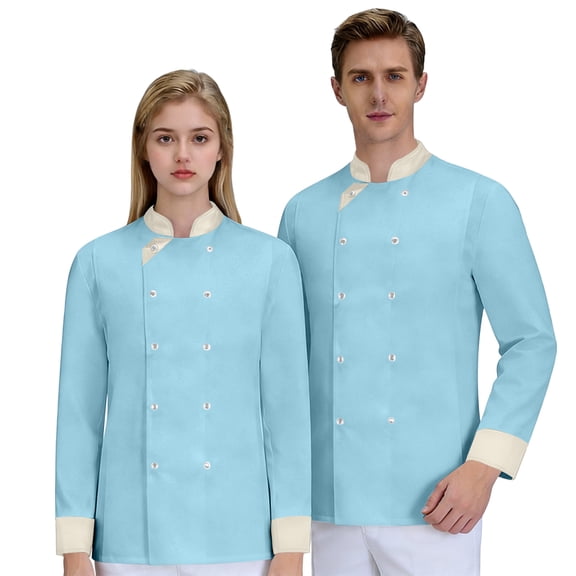 GrmtClth Chef Coat Men Double-Breasted Bakery Cook Jacket Long Sleeve Lightweight Workwear Light Blue L
