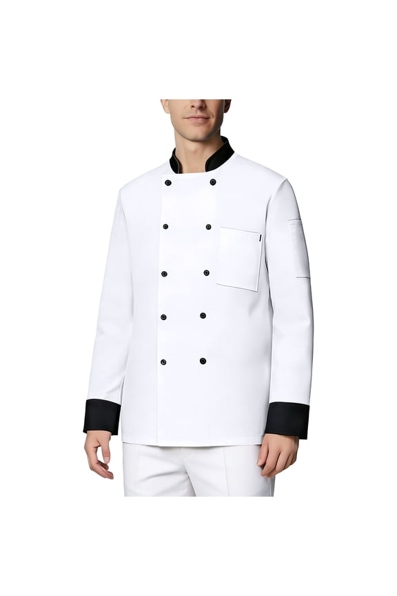 Chef Coat Men Double-Breasted Bakery Cook Shirts Long Sleeve Comfy Soft Restaurant Uniform White M