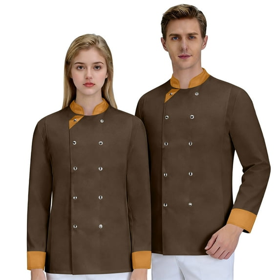 GrmtClth Chef Coats for Men Double-Breasted Classic Cook Jacket Long Sleeve Soft Comfy Workwear Brown 3XL