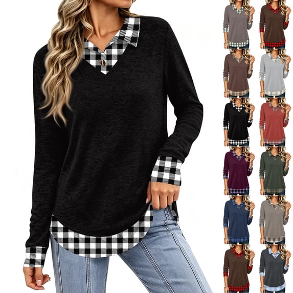 GrmtClth Collar Layered Women's Polo Shirts 2-in-1 Patchwork Fake Two ...
