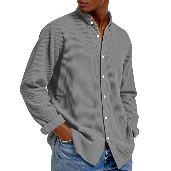 GrmtClth Corduroy Dress Shirts for Men Anti-Wrinkle Long Sleeve Button Down Shirts Fashion Hombre Comfy Soft Outfit Dark Gray M