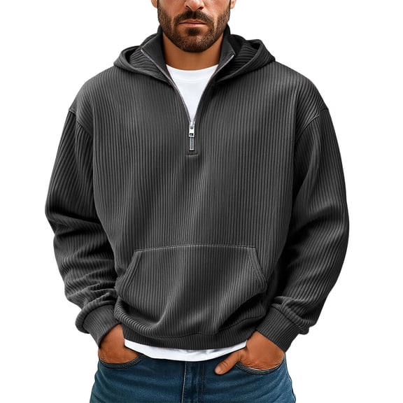 GrmtClth Corduroy Hoodies for Men Loose Fit Quarter Zip Hooded Sweatshirt Cozy Soft Long Sleeve Fall Texture Sweater with Pockets Black M