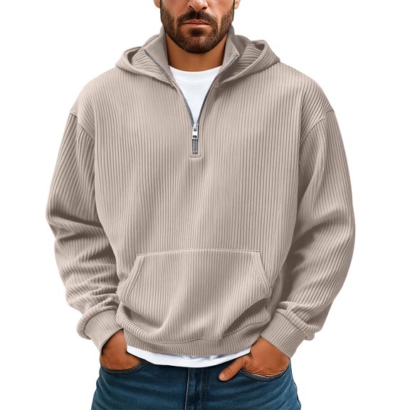 GrmtClth Corduroy Hoodies for Men Loose Fit Quarter Zip Sweatshirt with Hood Cozy Soft Long Sleeve Fall Texture Sweater with Pockets Khaki M