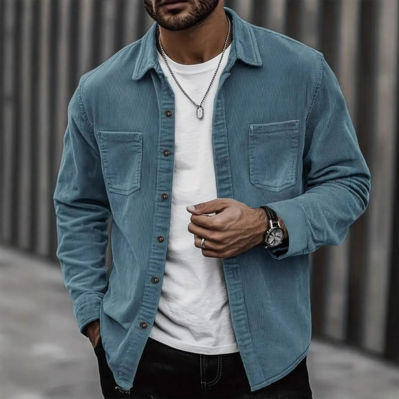 GrmtClth Corduroy Shirt Men Classic Oversized Button Down Shackets Comfy Long Sleeve Jacket with Flap Pockets Blue L