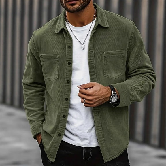 GrmtClth Corduroy Shirt Men Classic Oversized Button Down Shirt Jacket Lightweight Long Sleeve Jacket with Flap Pockets Army Green M
