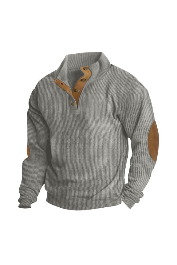 Corduroy Sweatshirts for Men Henley 1/4 Button Up Sweater Big&tall Long Sleeve Pullover Fall Stand Collar Sweatshirts Light Gray XL