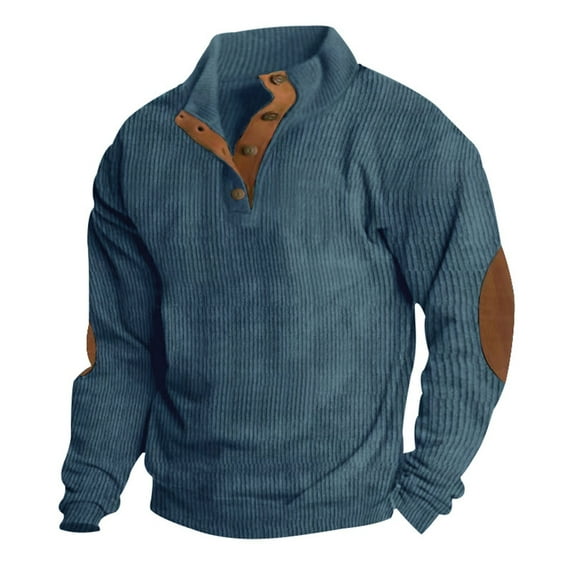 GrmtClth Corduroy Sweatshirts for Men Henley Quater Button Sweater Big&tall Long Sleeve Pullover Winter Warm Stand Collar Sweatshirts Blue XL