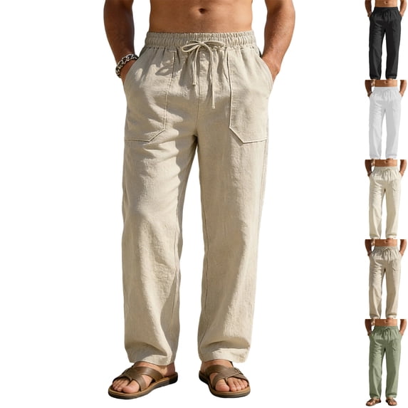 GrmtClth Cotton Linen Pants for Men Elastic Drawstring Lightweight Trousers | Relaxed Fit,Straight Leg,Casual, Pockets, Yoga,Summer Beach Pants Khaki XL