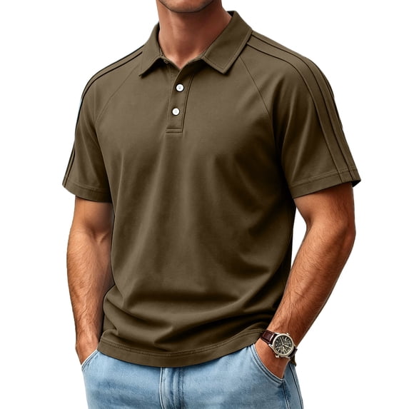 GrmtClth Cotton Polo Shirts for Men Business Striped Shoulder Golf Polos Lightweight Collared Button Down Tee Fashion Comfortable Short Sleeves Clothes Brown M