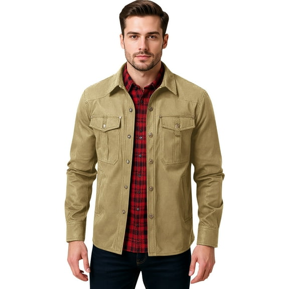 GrmtClth Cowboy Jacket for Men Fashion Flannel Lined Shirt Jackets Long Sleeve Button Up Shacket 2025 Fall Winter Rugged Overshirts with Pockets Khaki S