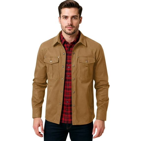 GrmtClth Cowboy Jacket for Men Vintage Lining Flannel Shirt Jackets Long Sleeve Button Up Shacket 2025 Fall Rugged Overshirts with Flap Pockets Earthy Yellow XXL
