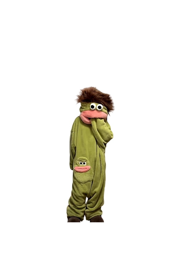 Cozy Cartoon Character Plush One-Piece Pajamas with Hood, Funny Couple Matching Loungewear, Comfy Sleepwear (No Shoes Included) Green XL