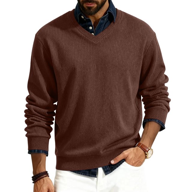 GrmtClth Crew Neck Sweaters Men Lightweight V Neck Knit Sweaters Classic Basic Comfy Soft Long Sleeve Pullover Brown S