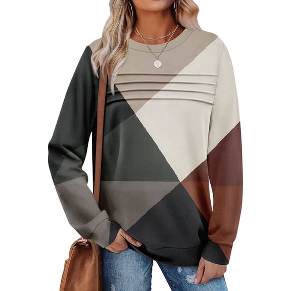 GrmtClth Crewneck Sweatshirts Women Fashion Color Block Graphic Long Sleeve Sweatshirts Comfy Soft Autumn Pullovers Khaki L