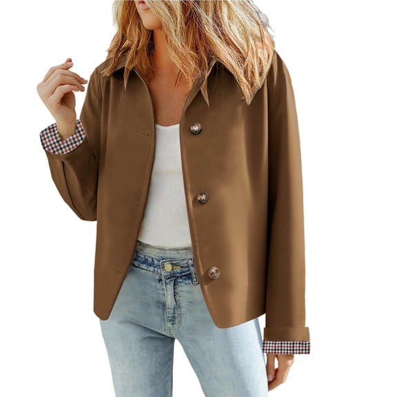 GrmtClth Cropped Trench Coat for Women Fashion Oversized Single Breasted Barn Jackets Plaid Lining Lapel Collar Autumn Crop Jackets Brown S