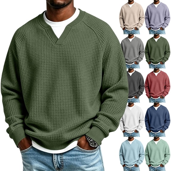 GrmtClth Custom T Shirts Solid Tone Waffle Knit V Neck Long Sleeve Shirts Loose Fit Soft Skin Friendly Thermal Outdoor Work Pullover Tops Army Green S
