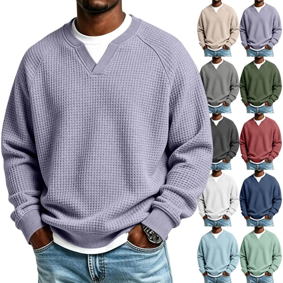 GrmtClth Custom T Shirts Solid Tone Waffle Knit V Neck Long Sleeve Shirts Loose Fit Soft Skin Friendly Thermal Outdoor Work Pullover Tops Light Purple S