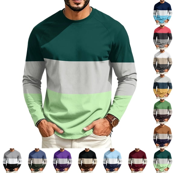 GrmtClth Custom T Shirts Wide Horizontal Stripe Color Block Long Sleeve Crewneck Shirts Loose Fit Soft Skin Friendly Daily Work Pullover Tops Light Green XL