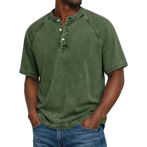 GrmtClth Denim Shirts for Men 2026 Distressed Washed Short Sleeve Tee Breathable Henley Top Daily Button Blouse Army Green 3XL