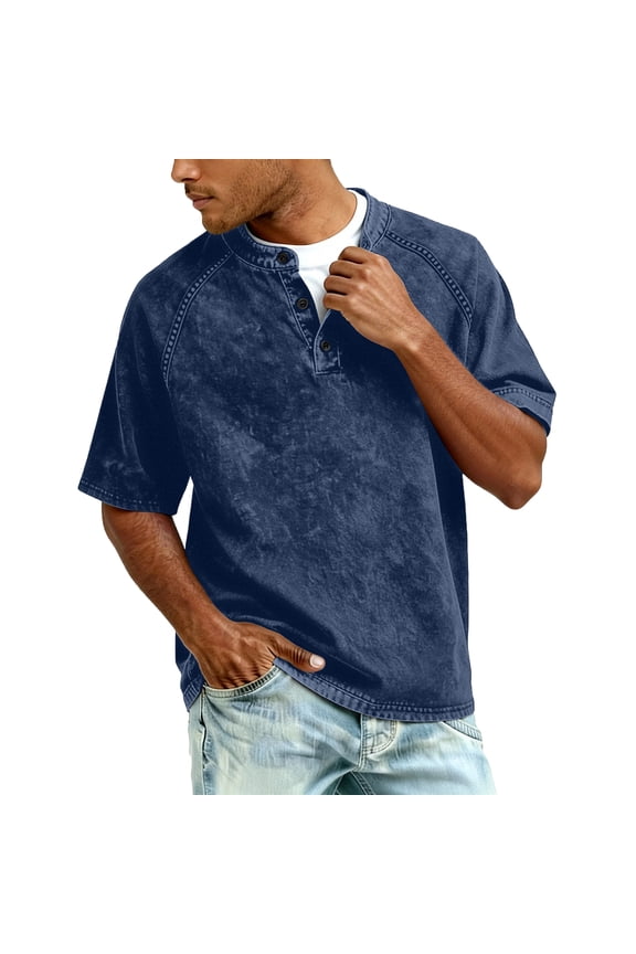 Distressed Henley Shirts for Men Vintage Short Sleeve V Neck T-Shirts Casual Button Down Washed Tee Shirts Stylish Summer Clothes Navy L