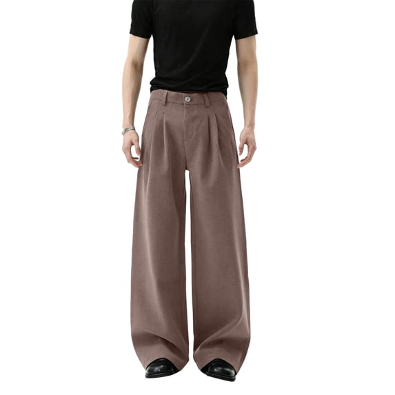 GrmtClth Dress Pants For Men High Waist Loose Fit Wide Leg Pleated Front Straight Cut Business Formal Office Slacks Coffee 2XL