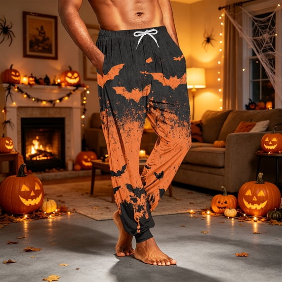 GrmtClth Elastic Ankle Hem Pumpkin Ghost Spider Jogger Sleep Trousers for Men Drawstring Front Oversized Relaxed Fit Loungewear Pants Black XL