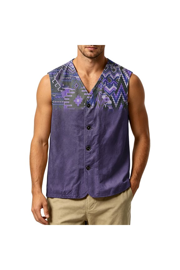 Ethnic Chevron Aztec Print Mens Sleeveless Vest, Breathable Linen Blend Button Front Outdoor Travel Casual Top Purple L