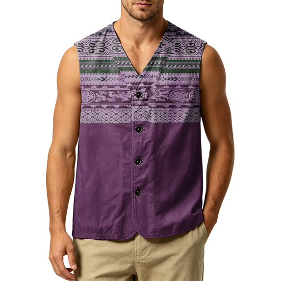 GrmtClth Ethnic Floral Aztec Print Mens Sleeveless Vest, Breathable Linen Blend Button Front Outdoor Travel Casual Top Purple L