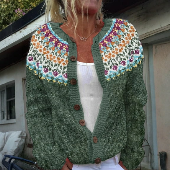 GrmtClth Fair Isle Cardigan Sweaters for Women Classic Button Down Chunky Sweater Cozy Soft Long Sleeve Round Neck Winter Fall Sweater Coats Army Green L
