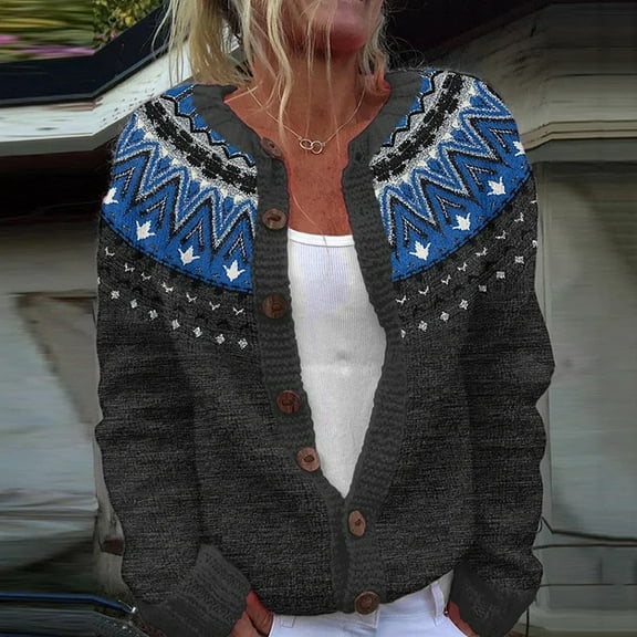 GrmtClth Fair Isle Cardigan Sweaters for Women Classic Button Down Knitted Sweaters Cozy Fit Long Sleeve Crewneck Winter Fall Knit Jacket Black M